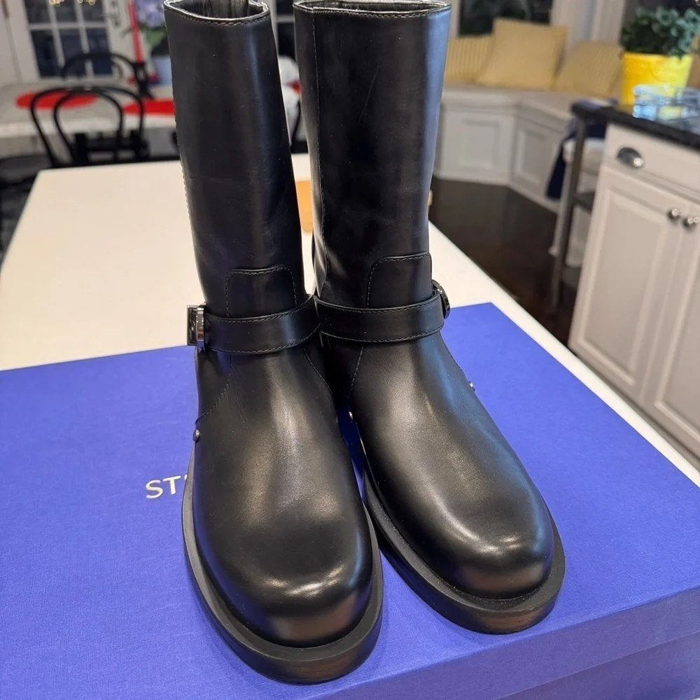 NEW! STUART WEITZMAN Maverick Black Leather Pull-On Boots Women's Sz 6.5